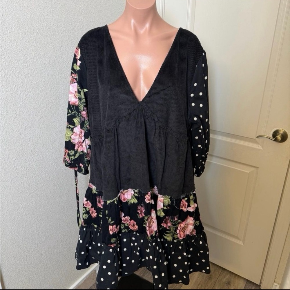 ASOS Black Mixed Floral & Polka Dot Long Sleeve Tiered Dress